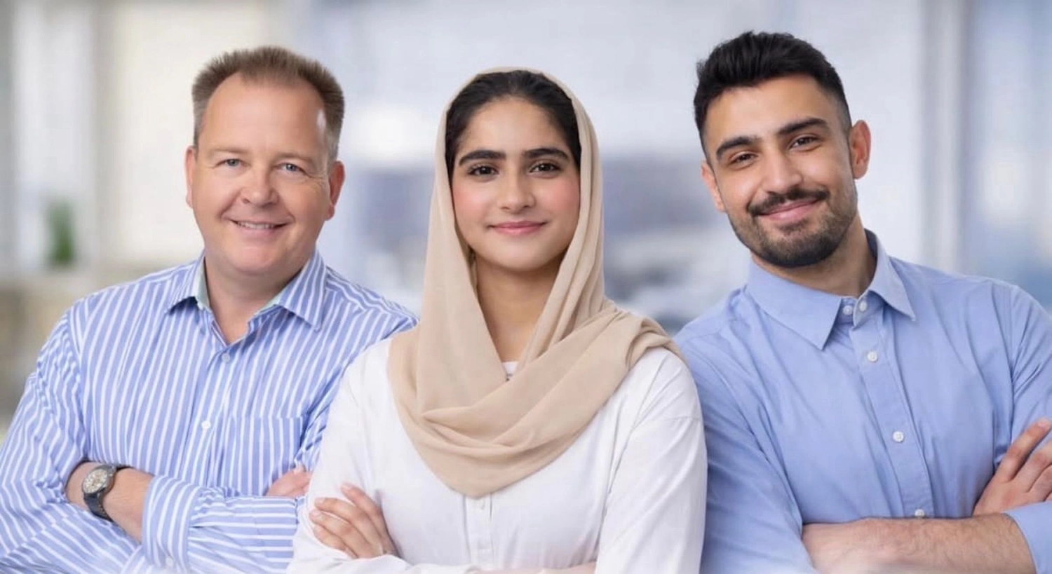 CareerBridge Germany – Weiterbildungsinstitut – Dieses Bild zeigt drei lächelnde Personen, die in einem Büro für ein Porträt posieren.