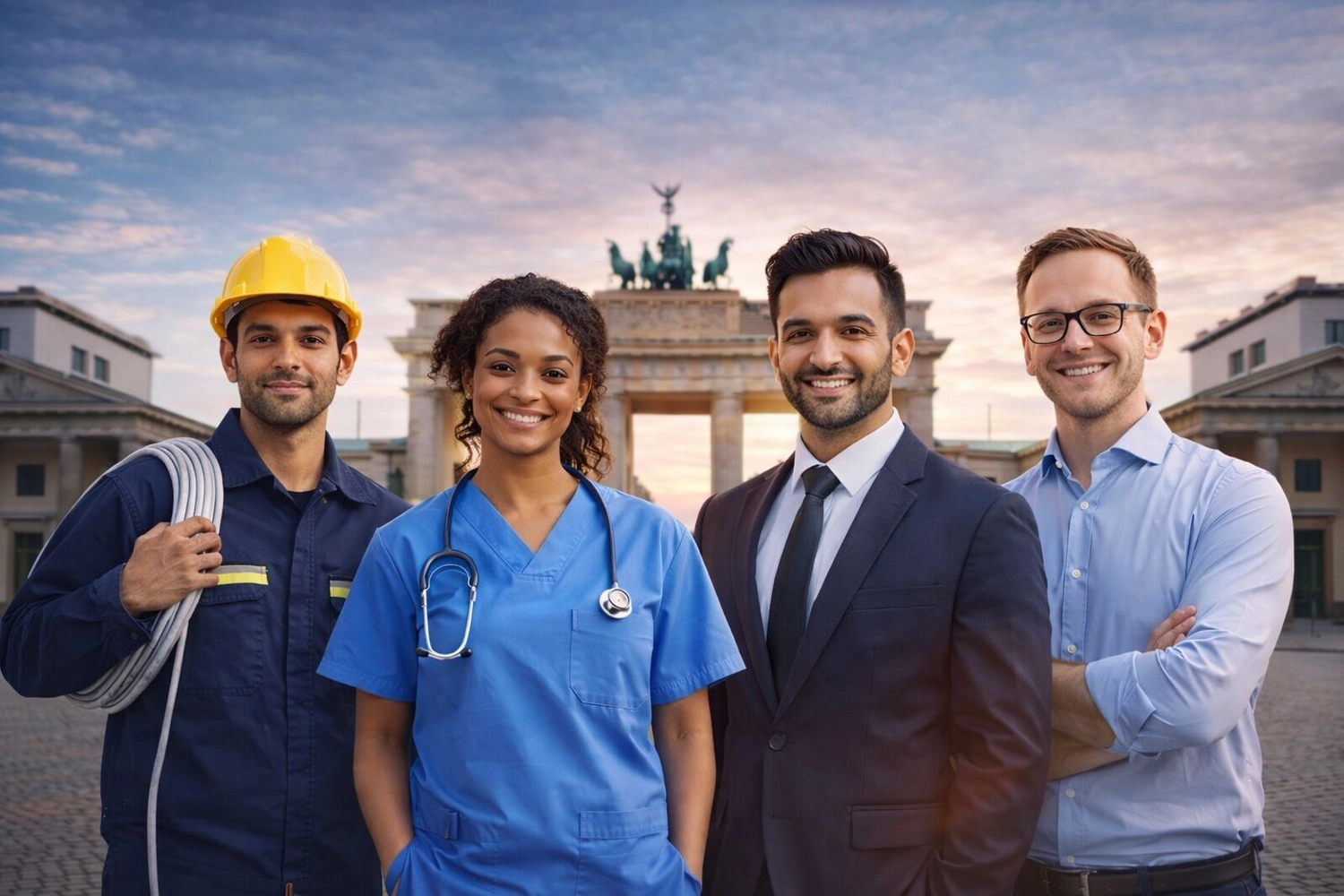 CareerBridge Germany – Weiterbildungsinstitut – Dieses Bild zeigt eine Gruppe von Fachkräften aus verschiedenen Berufsfeldern: einen Bauarbeiter, eine Pflegekraft, einen Geschäftsmann und eine weitere Person.